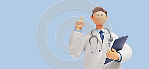 3d render. Doctor cartoon character with stethoscope and clipboard, looks at camera and gives advice. Clip art isolated on blue