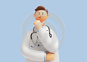 3d render. Doctor cartoon character wearing stethoscope, looking at camera and thinking. Clip art isolated on blue background.