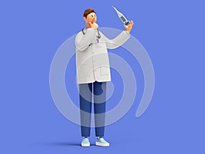 3d render, doctor cartoon character wearing white lab coat with stethoscope, holds thermometer. Medical clip art isolated on blue