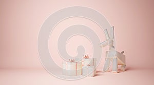 3d render of Dog with gift boxes on pink background