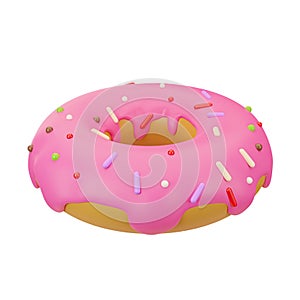 3D render of a donut with pink icing and sprinkling. Fast food. Sweet food, pastries, dessert. Bright Illustration in
