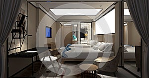 3d render of double bed hotel room