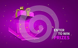 3D render and draw by mesh realistic open gift box and confetti. Enter to Win Prizes. Vector Illustration