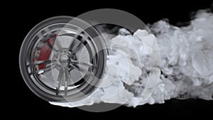 3d render Drift wheels with smoke on a black background