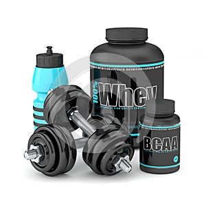 3d render of dumbbells with BCAA and whey bottles