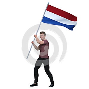 3D Render : a Dutch man is holding and waving the Netherlands Country flag to cerebrate an important event