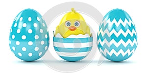 3d render of Easter chick in eggshell with painted eggs