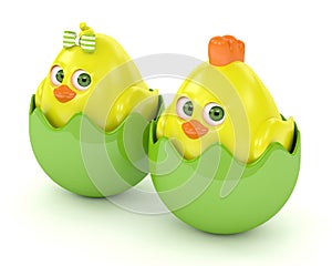 3d render of Easter chicks in eggshells