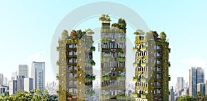 3D render of eco residencial buildings with vertical plant growth