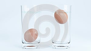 3d render of Egg in water test on transparent glass , Egg freshness test on color background , Bad egg floats in water