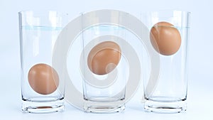 3d render of Egg in water test on transparent glass , Egg freshness test on white background , Bad egg floats in water