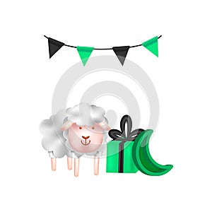 3d render eid al adha sheep with bunting and gift box design isolated