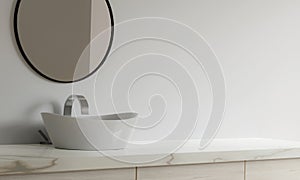 3D render an empty counter with ceramic washbasin and modern style white bathroom 3d render, white wall and mirrors, The