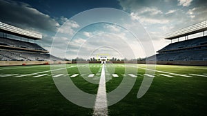 3D render of an empty football stadium with green grass under blue sky