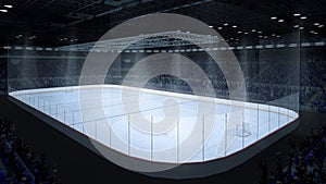 3d render of empty hockey ice rink sport arena stadium. Poster, flyer for advertising sports event, hockey match