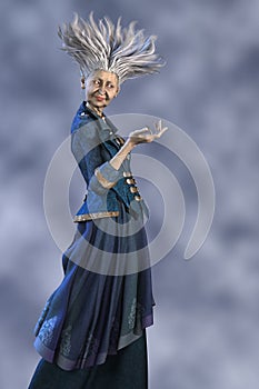 3D Render of a fairy godmother or witch fantasy character standing in a magical hand outstretched pose