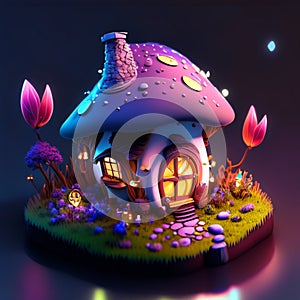 3d render of fantasy fairy tale house with magic mushroom and flowers Generative AI