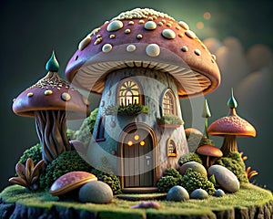 3D render of a fantasy fairytale house with a mushroom