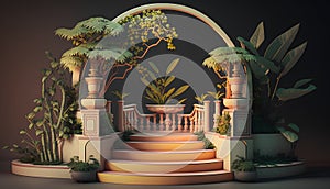 3d render of fantasy fantasy garden with stairs, plants and decorations