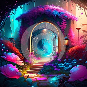 3D render of a fantasy fantasy portal with a door and a path leading to a flower garden Generative AI