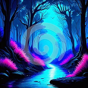 3d render of fantasy forest with neon light. Halloween background. Generative AI