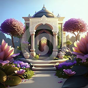 3d render of a fantasy garden with a gate and a lotus flower Generative AI