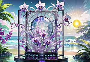 3d render of fantasy garden with orchids on blue background, generative ai