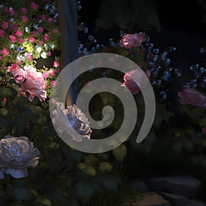 3D render of a fantasy garden with roses and a moon in the background