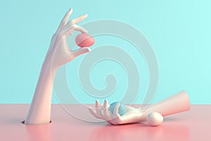 3d render, female hands, minimal fashion background, mannequin body parts with easter eggs