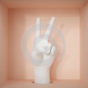 3d render, female mannequin hand victory gesture isolated on peachy background, hole in the floor, fingers, white artificial body