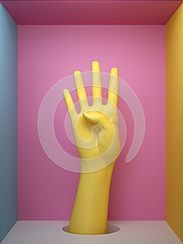 3d render, female yellow artificial hand four fingers up, mannequin body part isolated on pink background inside square box