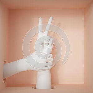 3d render, feminist protest concept, white female hands, victory sign gesture, mannequin body parts isolated on peachy background