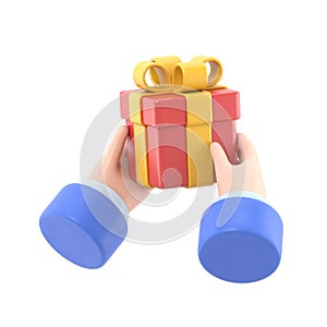 3d render. Festive clip art isolated on white background. hands hold gift box with golden bow. Christmas social icon