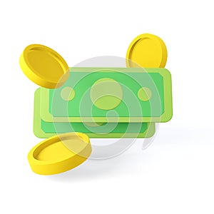 3d render floating coins and banknotes. Green american money in cartoon style.