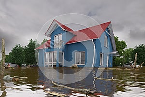 3d render - flooding blue house