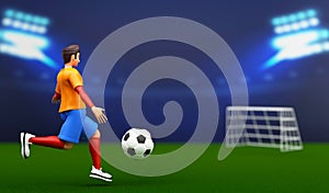 3D Render Of Footballer Kicking The Ball On Blue And Green Stadium