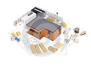 3d render of a frame building concept. Detailed concept of construction with house project. 3D illustration of modern frame house