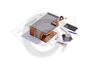 3d render of a frame building concept. Detailed concept of construction with house project. 3D illustration of modern frame house