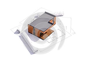 3d render of a frame building concept. Detailed concept of construction with house project. 3D illustration of modern frame house