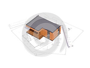 3d render of a frame building concept. Detailed concept of construction with house project. 3D illustration of modern frame house