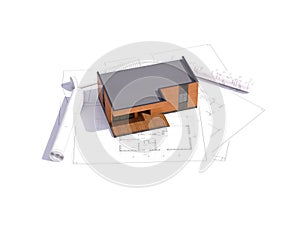 3d render of a frame building concept. Detailed concept of construction with house project. 3D illustration of modern frame house