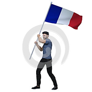 3D Render : a French man is holding and waving the France Country flag to cerebrate an important event