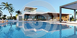 3D render of front view luxury villa with huge swimming pool and biocimlatic pergola
