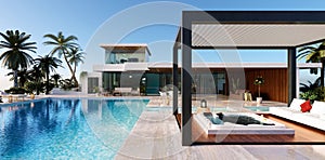 3d render Front view of modern luxury villa with swimming pool and pergola