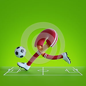 3d render, funny cartoon character legs with ball isolated on green background, football player wearing red uniform, soccer game