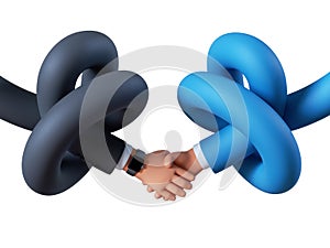 3d render, funny cartoon character tangled hands. Handshake. Agreement concept, business clip art isolated on white background.