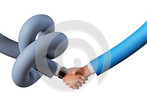 3d render, funny cartoon character tangled hands with suit sleeve. Handshake. Business deal, assistance concept, clip art isolated