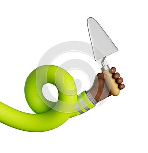3d render. Funny cartoon flexible arm holds trowel building tool. Elastic hand isolated on white background