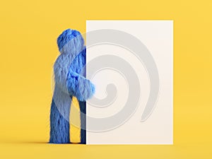 3d render, funny hairy yeti toy, blue monster hides behind the white board, look out the corner. Clip art isolated on yellow