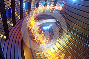 3D Render fusion reactor nuclear fusion, tokamak inside heated plasma, toroidal shape, clean energy. Copy space